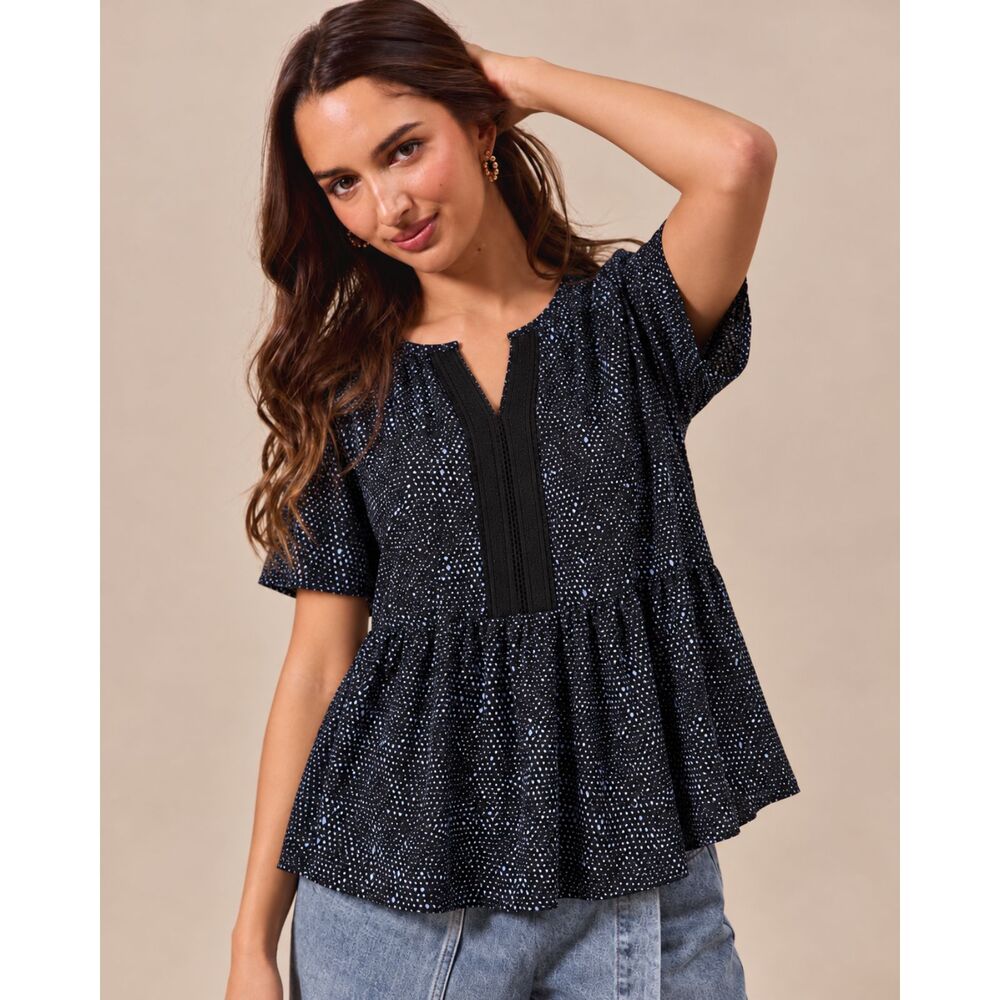 Collective Concepts Size M Navy Blue Printed Peplum Blouse Lace Trim Short Sleev